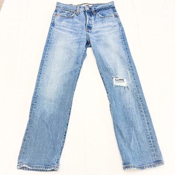 Levi's Wedgie Straight Ripped Knee Light/Medium Button Fly Denim Jeans Size 25 - Picture 2 of 9